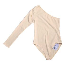 NWT | MANGOPOP One-Shoulder Bodysuit | Asymmetric Long Sleeve | Beige | Medium